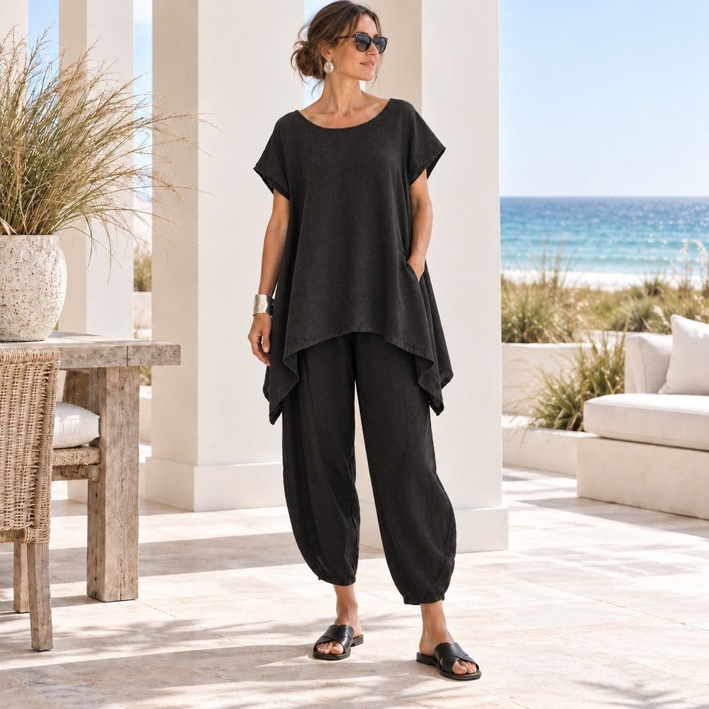 Bryn Walker Tunic Black Linen Oversized Asymmetrical Hem Lagenlook USA Quiet Lux